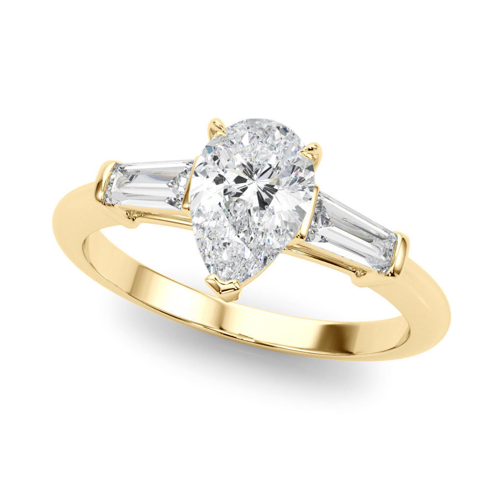 LUMEO Pear Three Stone Diamond Engagement Ring Front View in 18k Solid Yellow Gold 
