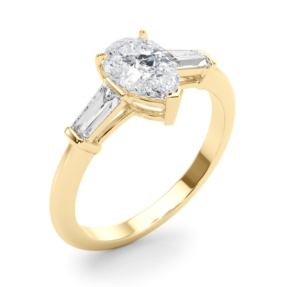 LUMEO Pear Three Stone Diamond Engagement Ring Angle View in 18k Solid Yellow Gold 