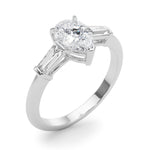LUMEO Pear Three Stone Diamond Engagement Ring Angle View in Platinum 