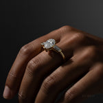 Pear Three Stone Diamond Engagement Ring on model in 18k Solid Yellow Gold 