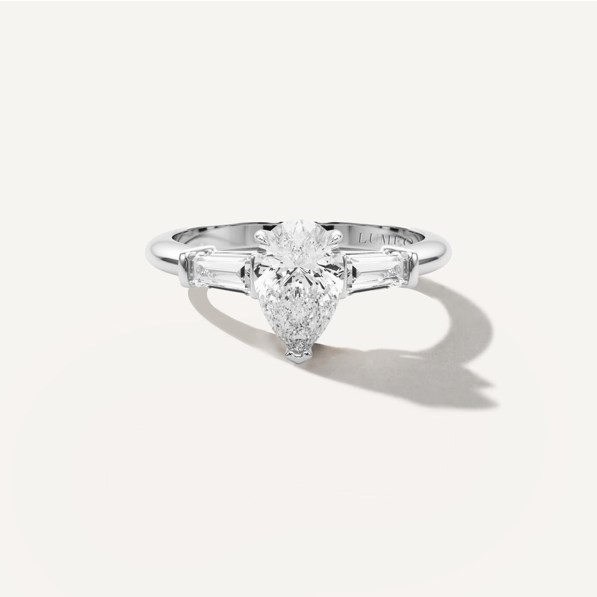Pear Three Stone Diamond Engagement Ring Front View in Platinum or 18k Solid White Gold 