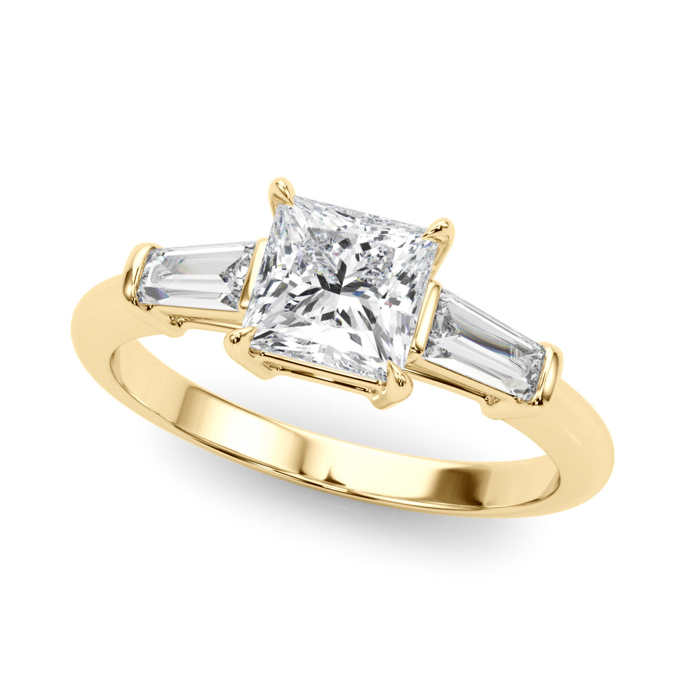 LUMEO Princess Three Stone Diamond Engagement Ring Front View in 18k Solid Yellow Gold 