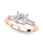LUMEO Princess Three Stone Diamond Engagement Ring Front View in 18k Solid Rose Gold 