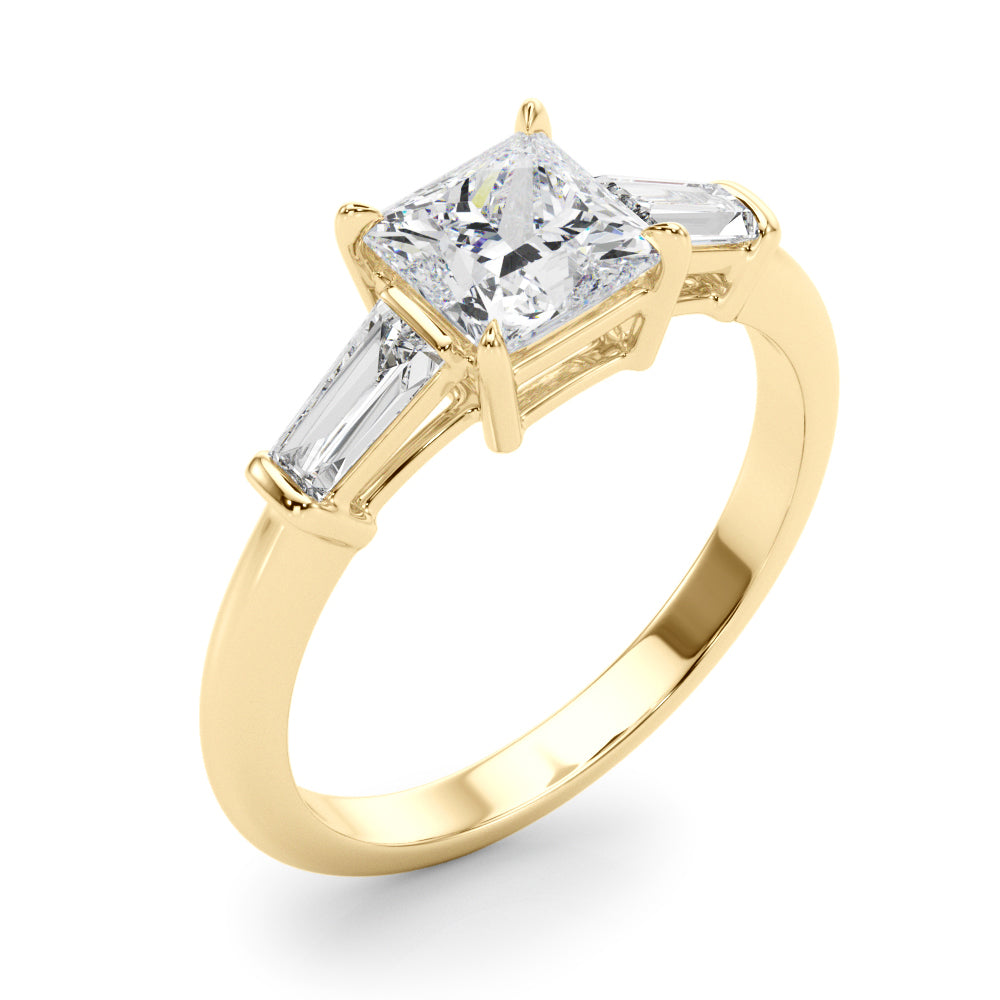 LUMEO Princess Three Stone Diamond Engagement Ring Angle View in 18k Solid Yellow Gold 