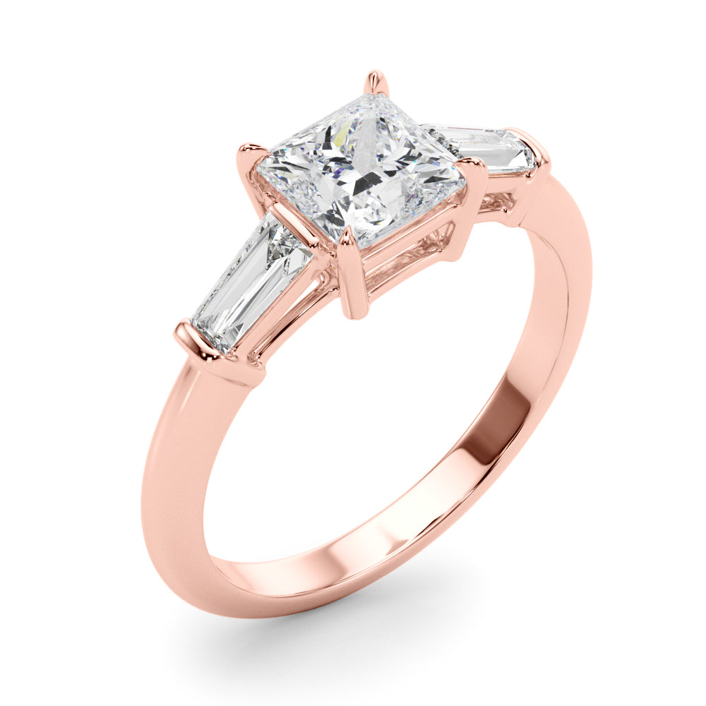 LUMEO Princess Three Stone Diamond Engagement Ring Angle View in 18k Solid Rose Gold 