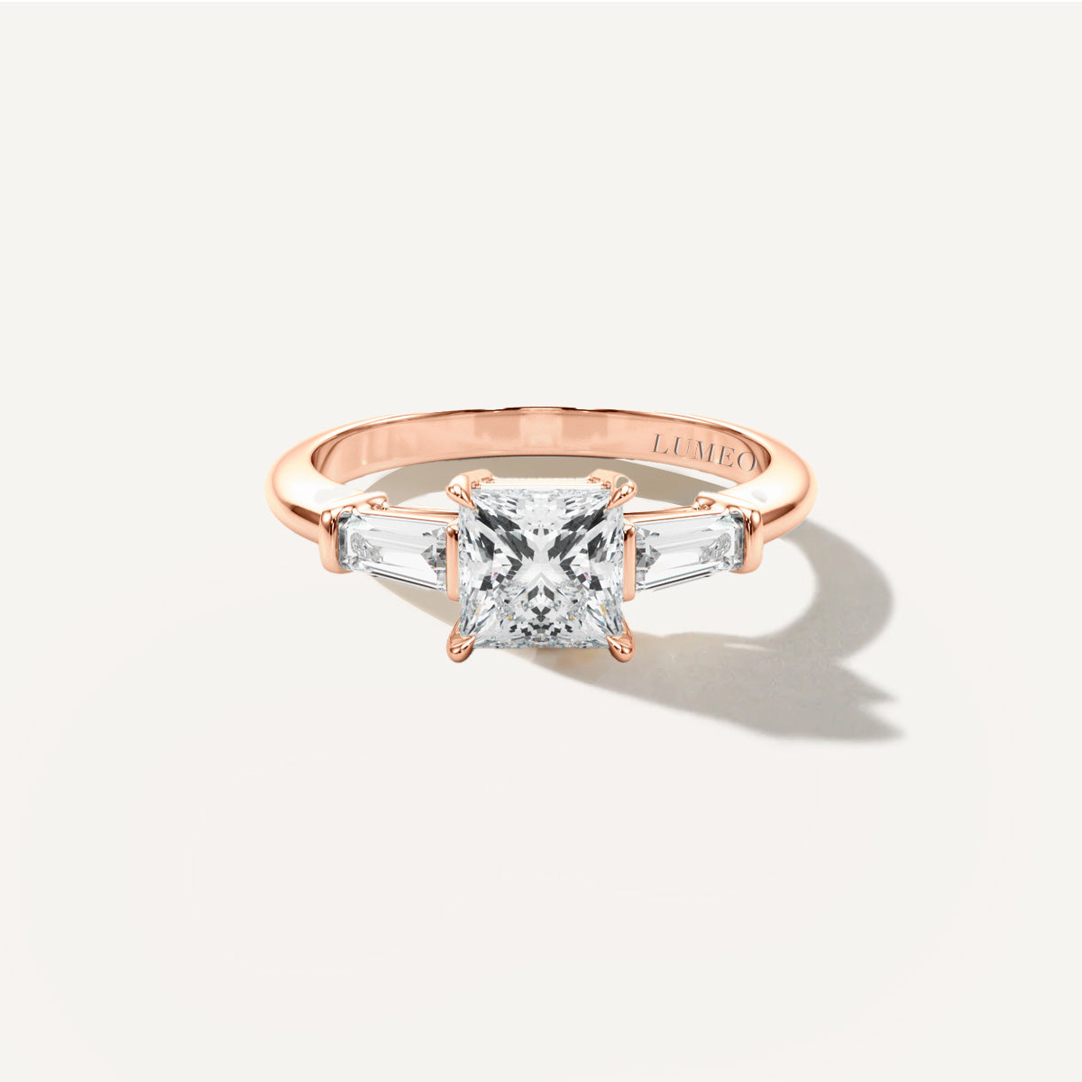 Princess Three Stone Diamond Engagement Ring Front View in 18k Solid Rose Gold 