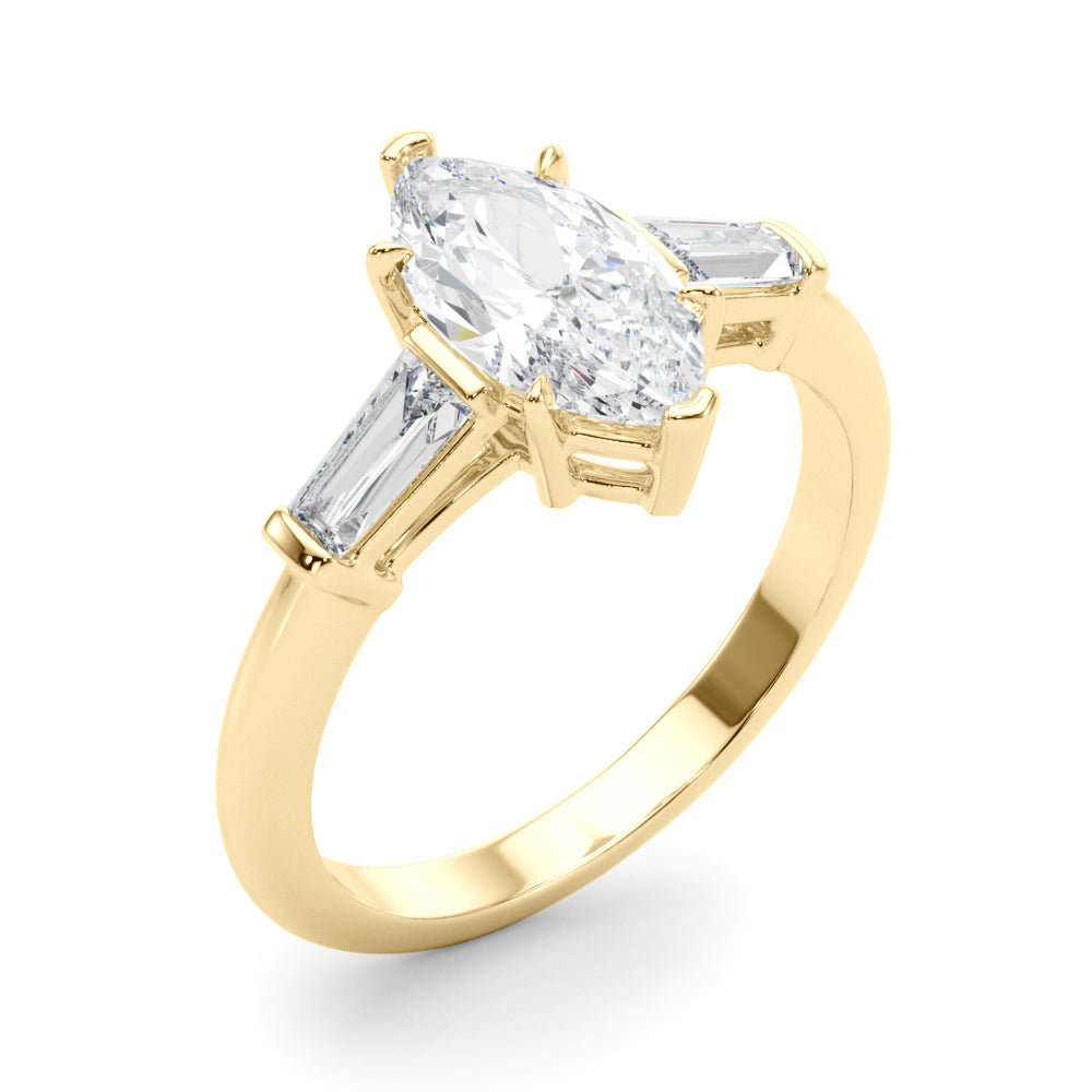 LUMEO Marquise Three Stone Diamond Engagement Ring Angle View in 18k Solid Yellow Gold 