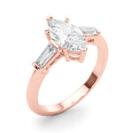 LUMEO Marquise Three Stone Diamond Engagement Ring Angle View in 18k Solid Rose Gold 