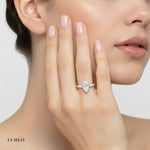 Marquise Three Stone Diamond Engagement Ring on model in 18k Solid Yellow Gold 