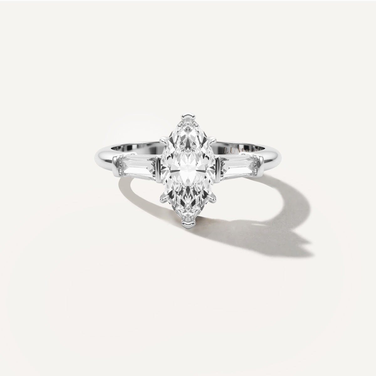 Marquise Three Stone Diamond Engagement Ring Front View in Platinum or 18k Solid White Gold 