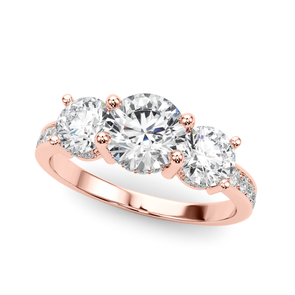 LUMEO Round Three Stone Diamond Engagement Ring Front View in 18k Solid Rose Gold 