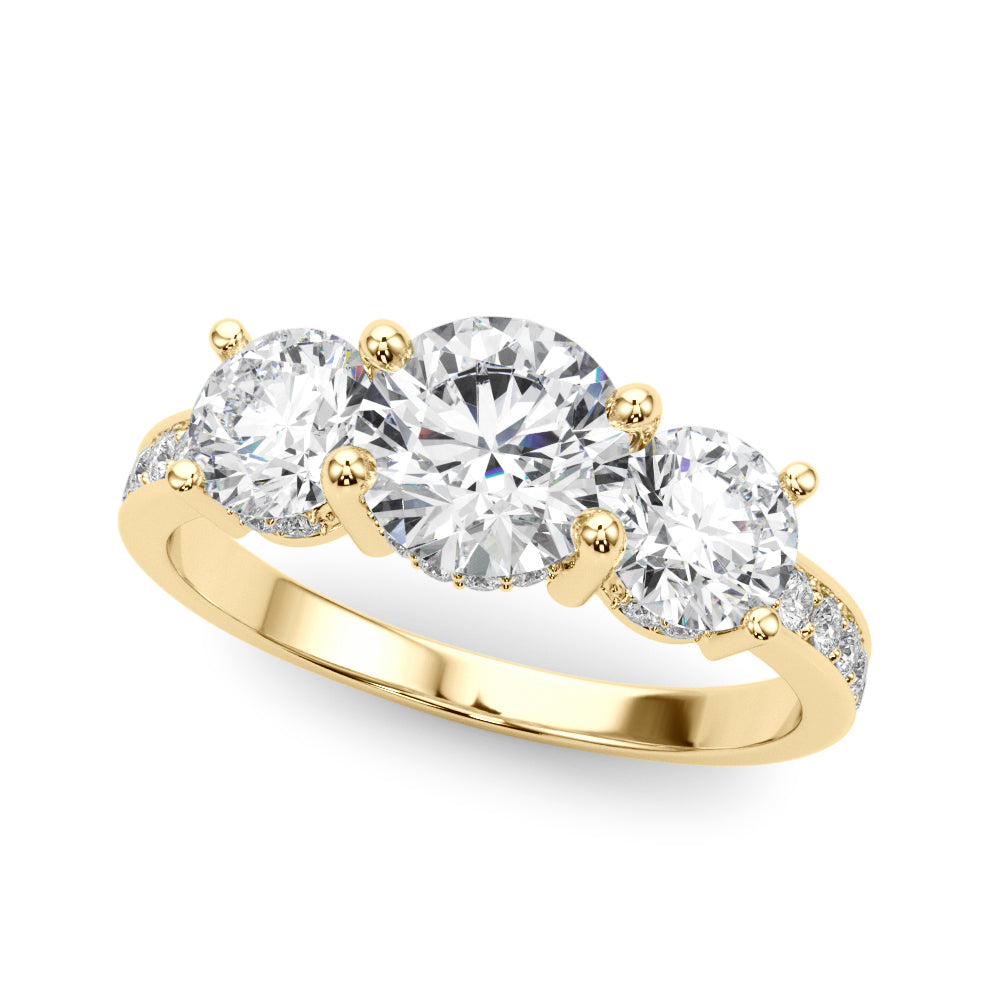 LUMEO Round Three Stone Diamond Engagement Ring Front View in 18k Solid Yellow Gold 