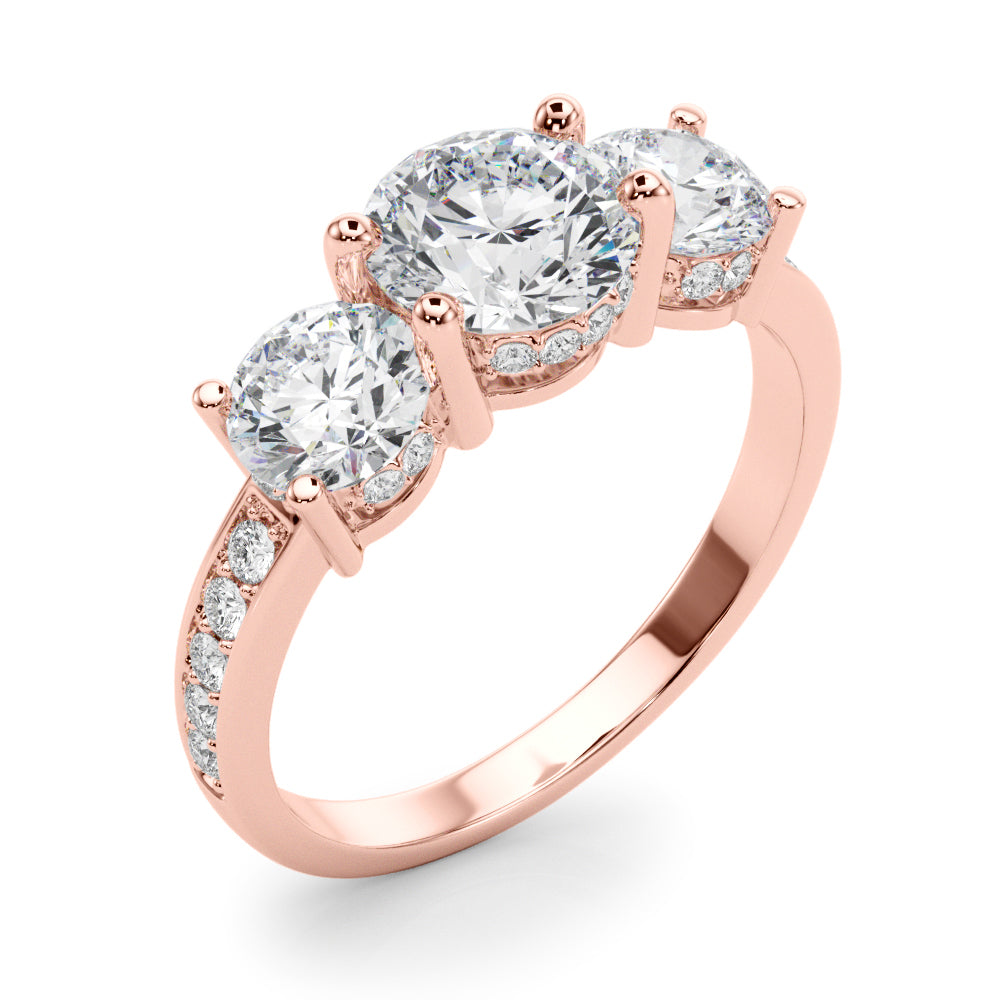 LUMEO Round Three Stone Diamond Engagement Ring Angle View in 18k Solid Rose Gold 