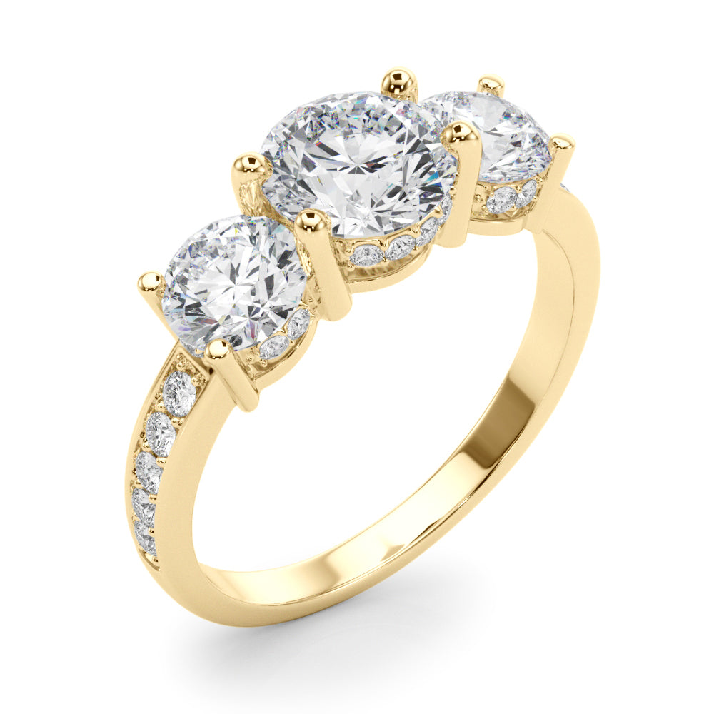 LUMEO Round Three Stone Diamond Engagement Ring Angle View in 18k Solid Yellow Gold 