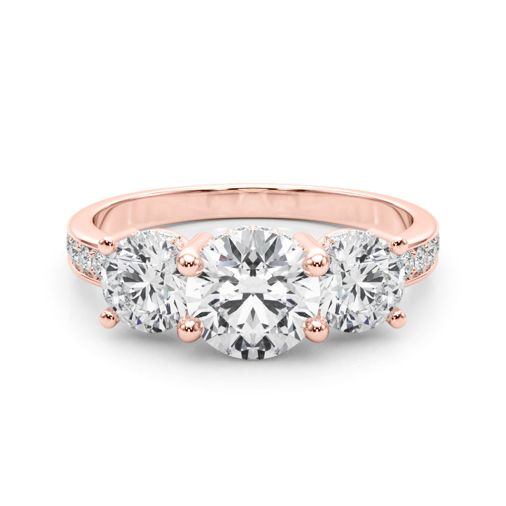 LUMEO Round Three Stone Diamond Engagement Ring Set in 18k Solid Rose Gold 