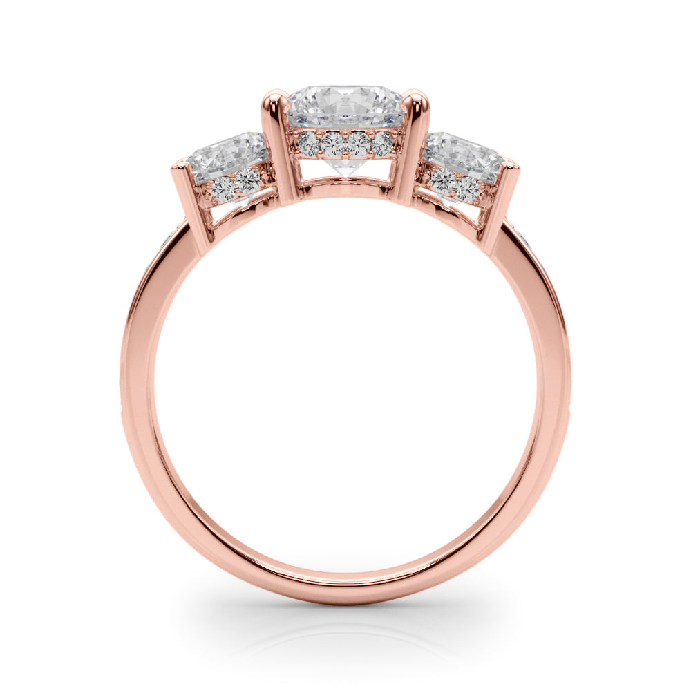 LUMEO Round Three Stone Diamond Engagement Ring Side View in 18k Solid Rose Gold 