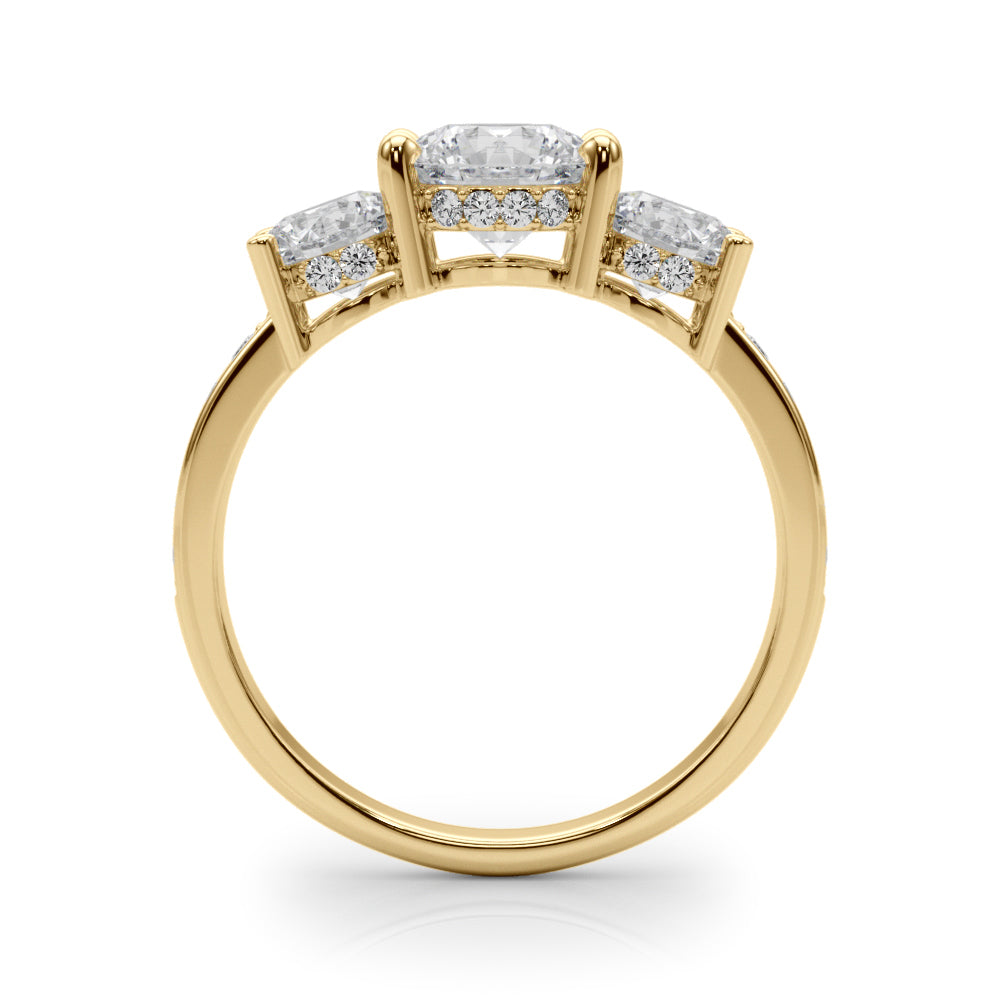 LUMEO Round Three Stone Diamond Engagement Ring Side View in 18k Solid Yellow Gold 