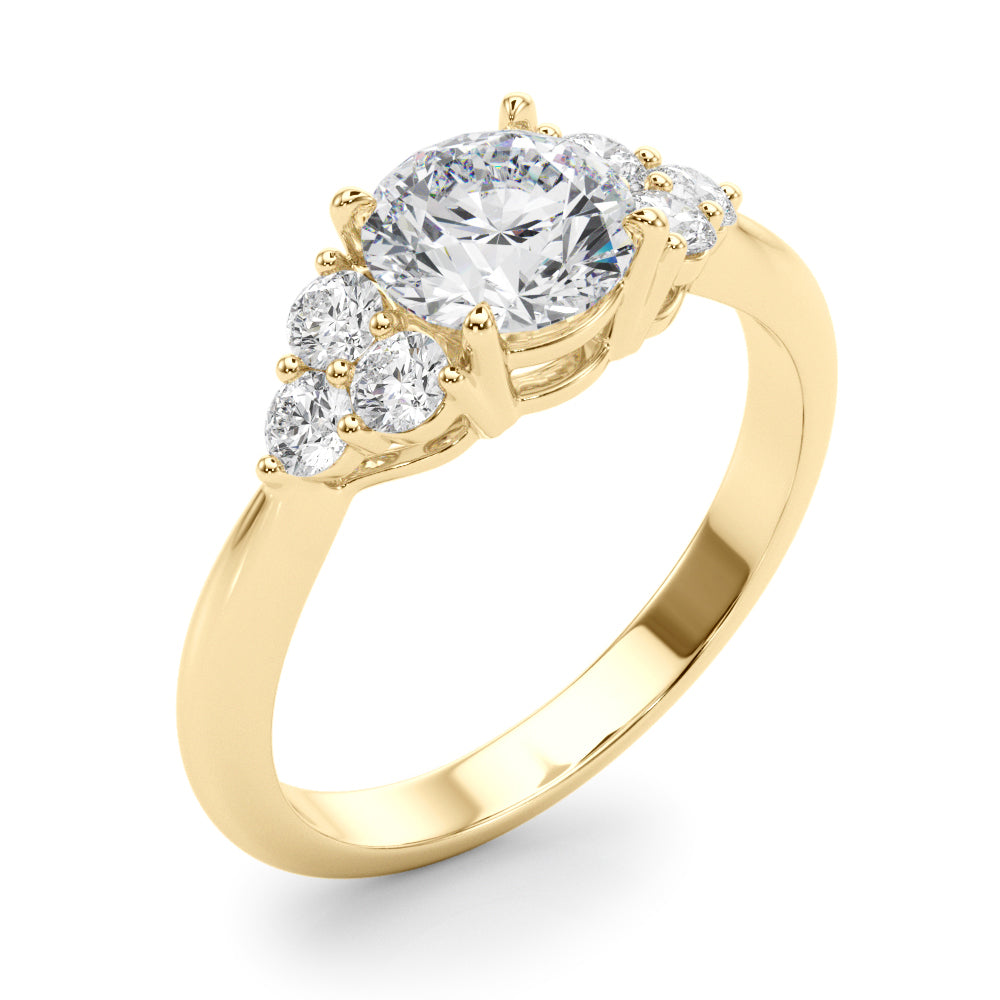 LUMEO Round Three Stone Diamond Engagement Ring Angle View in 18k Solid Yellow Gold 