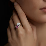 LUMEO Pear Two Stone Diamond Ring in Platinum or 18k Solid White Gold on model