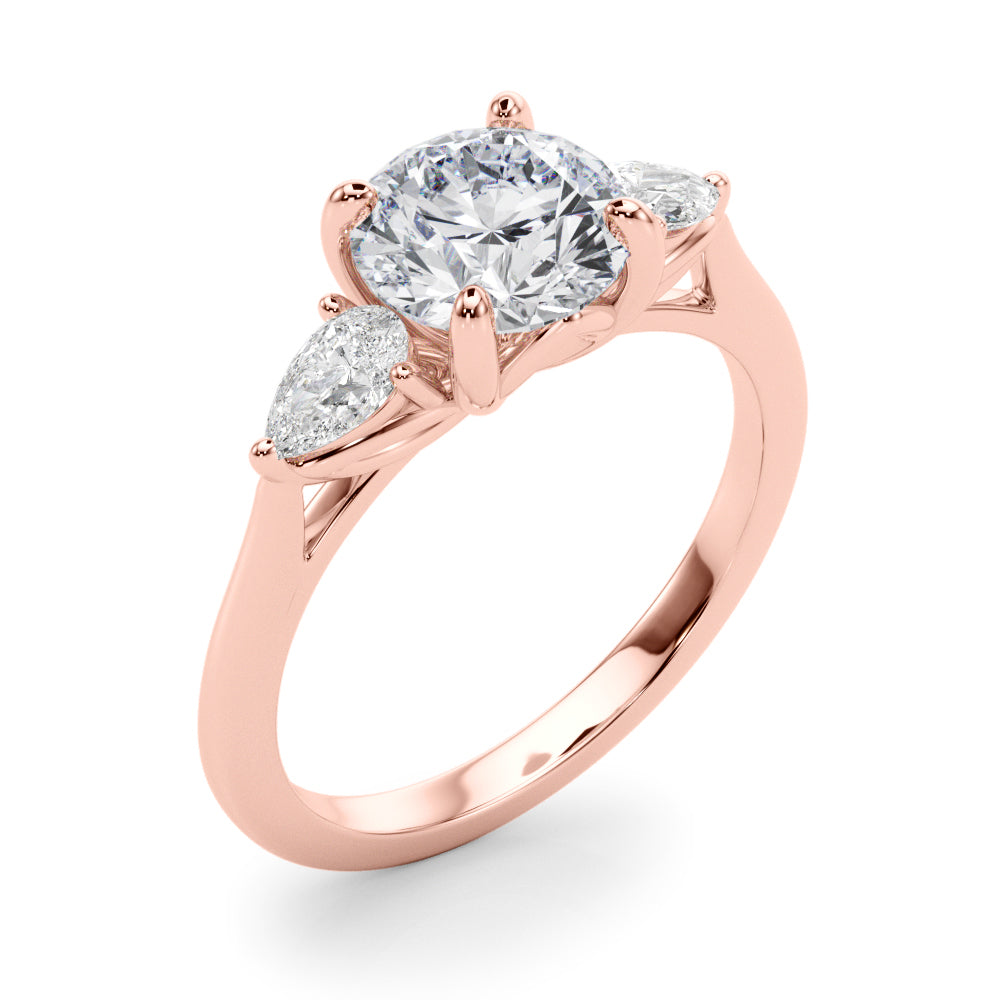 LUMEO Round Three Stone Diamond Engagement Ring Angle View in 18k Solid Rose Gold 