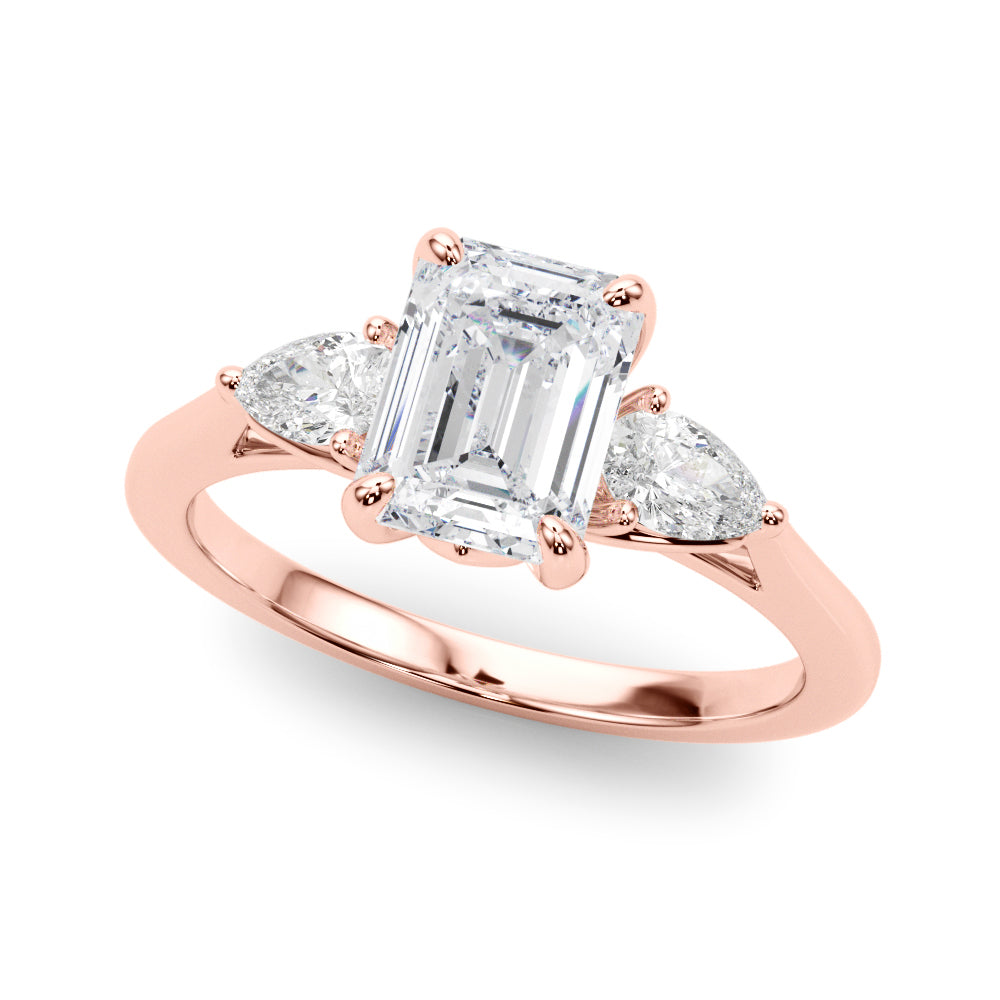 LUMEO Emerald Three Stone Diamond Engagement Ring Front View in 18k Solid Rose Gold 