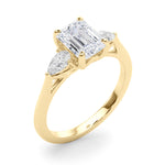 LUMEO Emerald Three Stone Diamond Engagement Ring Angle View in 18k Solid Yellow Gold 