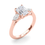 LUMEO Emerald Three Stone Diamond Engagement Ring Angle View in 18k Solid Rose Gold 