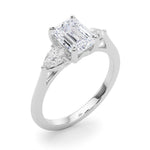 LUMEO Emerald Three Stone Diamond Engagement Ring Angle View in Platinum 