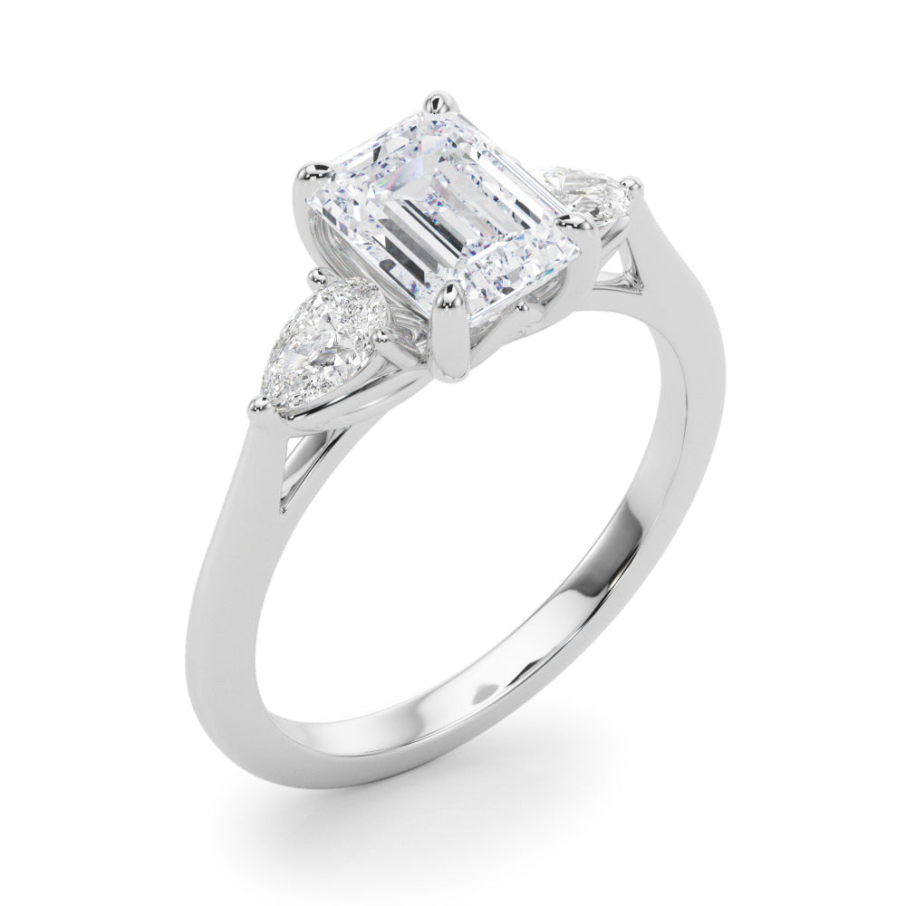 LUMEO Emerald Three Stone Diamond Engagement Ring Angle View in Platinum 