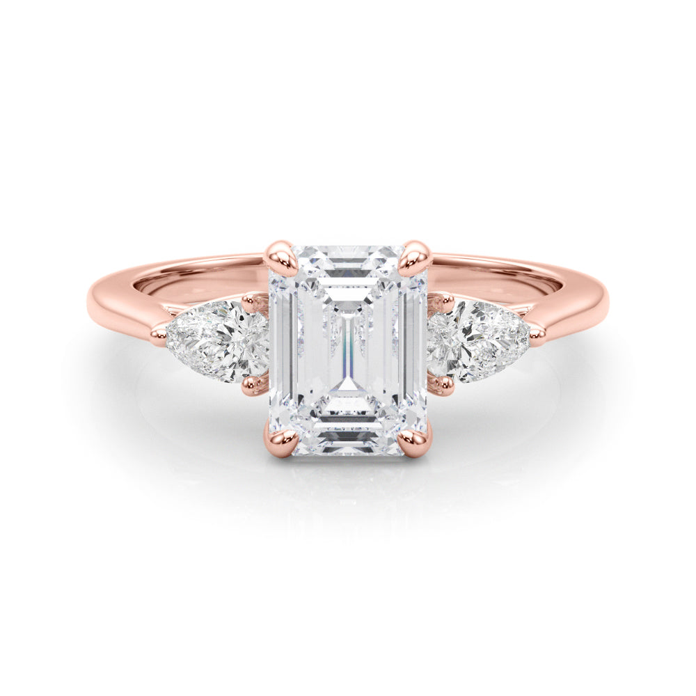 LUMEO Emerald Three Stone Diamond Engagement Ring Set in 18k Solid Rose Gold 