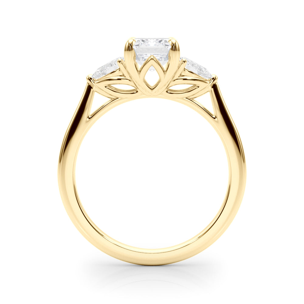 LUMEO Emerald Three Stone Diamond Engagement Ring Side View in 18k Solid Yellow Gold 