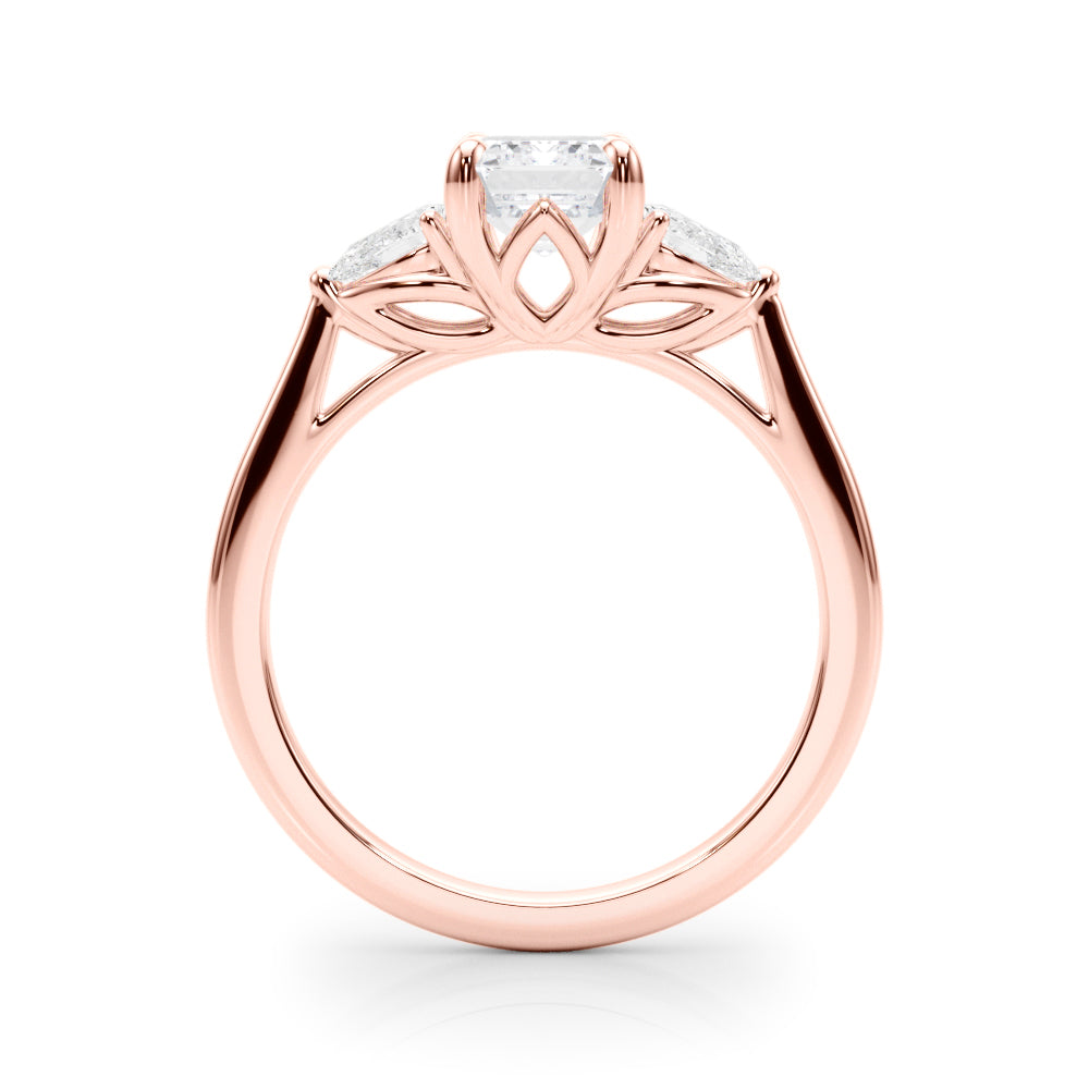 LUMEO Emerald Three Stone Diamond Engagement Ring Side View in 18k Solid Rose Gold 