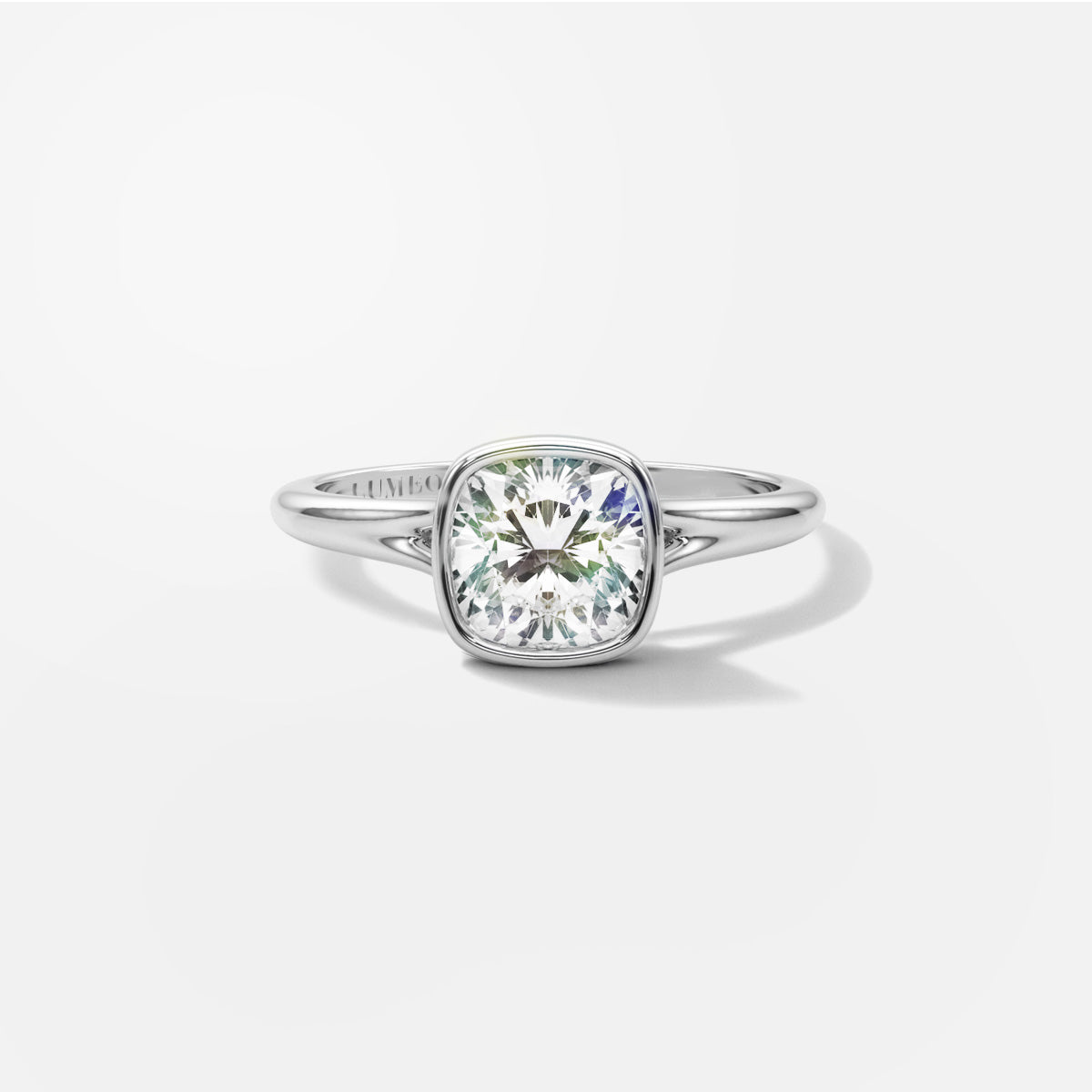 Cushion Bezel Diamond Engagement Ring Front View in Platinum or 18k Solid White Gold 