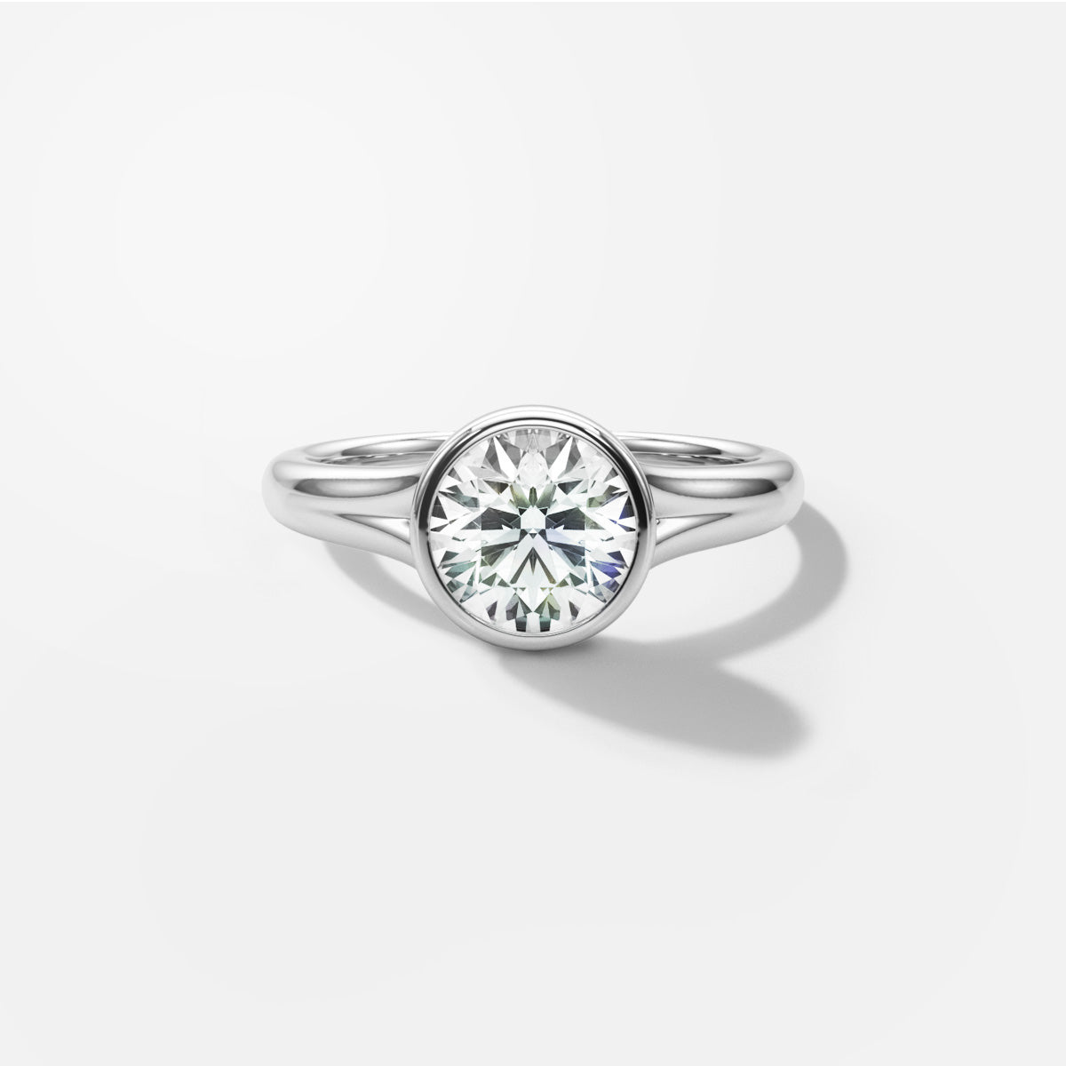 Round Bezel Diamond Engagement Ring Front View in Platinum or 18k Solid White Gold 