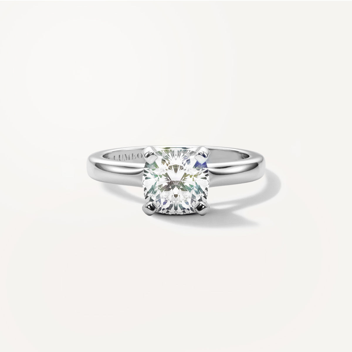 LUMEO Cushion Solitaire with Contemporary Shank Diamond Engagement Ring Front View in Platinum or 18k Solid White Gold 