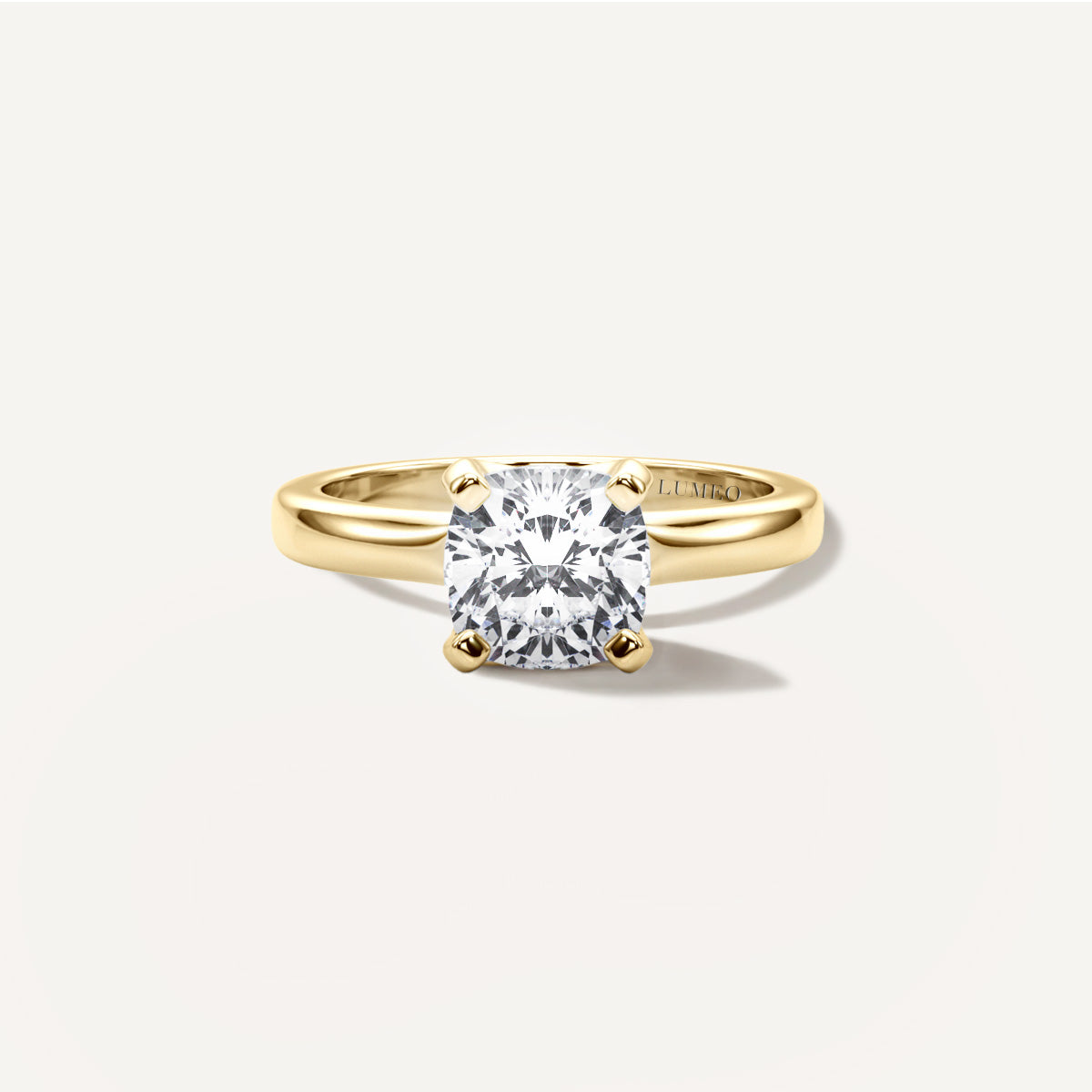 LUMEO Cushion Solitaire with Contemporary Shank Diamond Engagement Ring Front View in 18k Solid Yellow Gold #18k-solid-yellow-gold_Cushion
