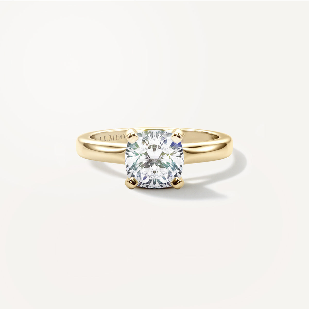 LUMEO Cushion Solitaire with Contemporary Shank Diamond Engagement Ring Front View in 18k Solid Yellow Gold 
