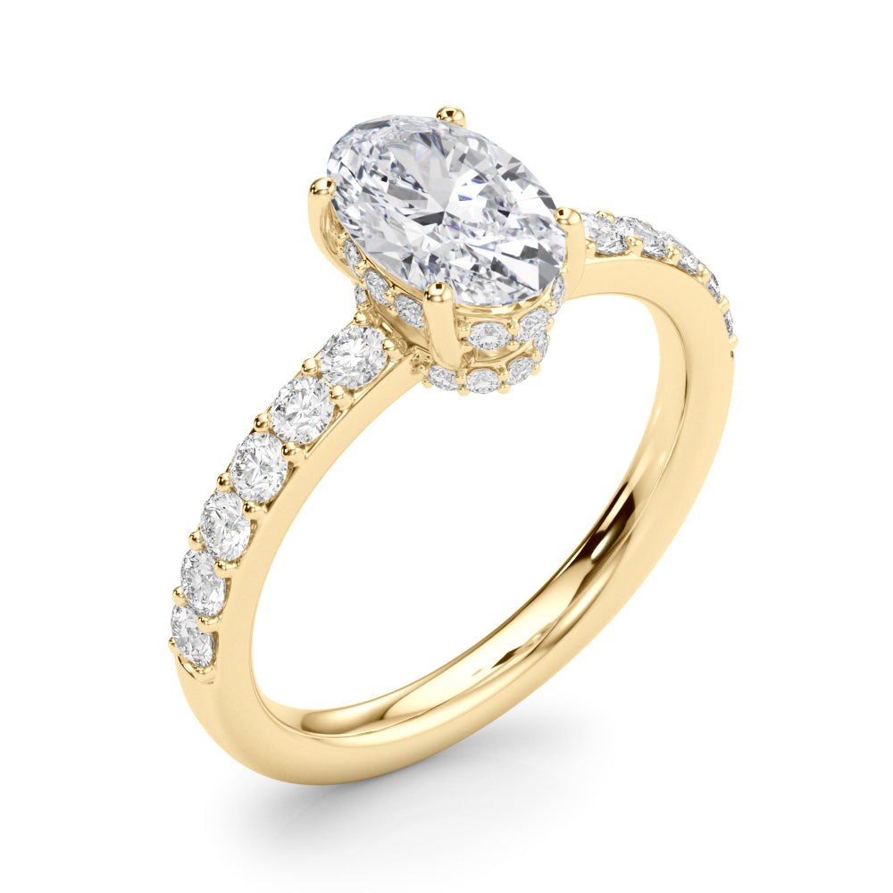 LUMEO Oval Hidden Halo Diamond Engagement Ring Angle View in 18k Solid Yellow Gold 