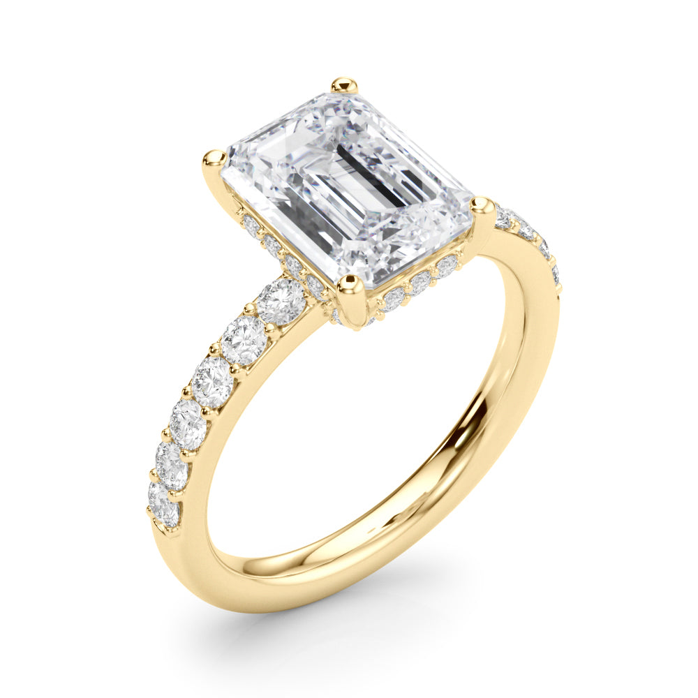LUMEO Emerald Hidden Halo Diamond Engagement Ring Angle View in 18k Solid Yellow Gold 
