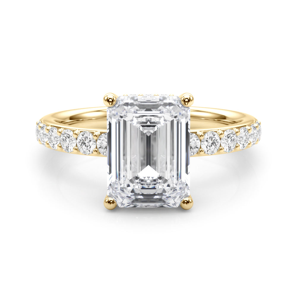 LUMEO Emerald Hidden Halo Diamond Engagement Ring Set in 18k Solid Yellow Gold 