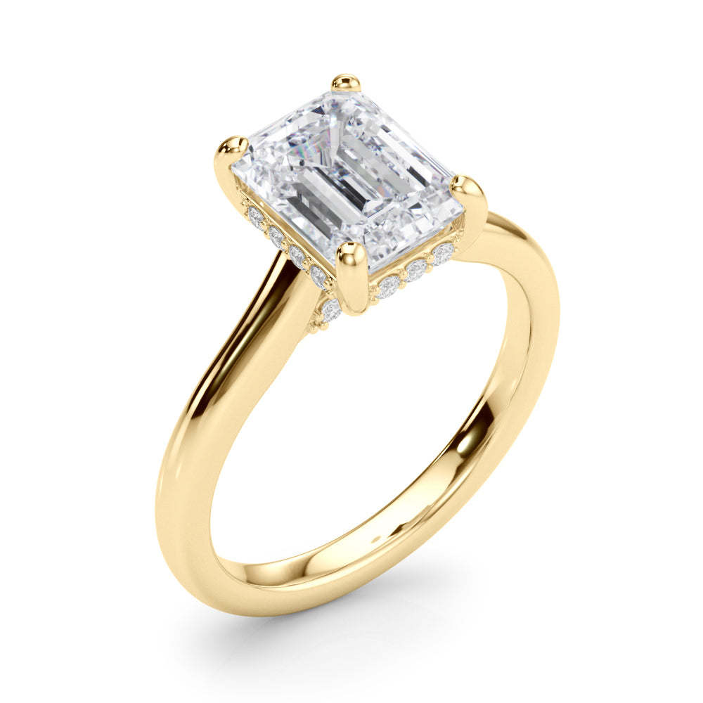 LUMEO Emerald Hidden Halo Diamond Engagement Ring Angle View in 18k Solid Yellow Gold 