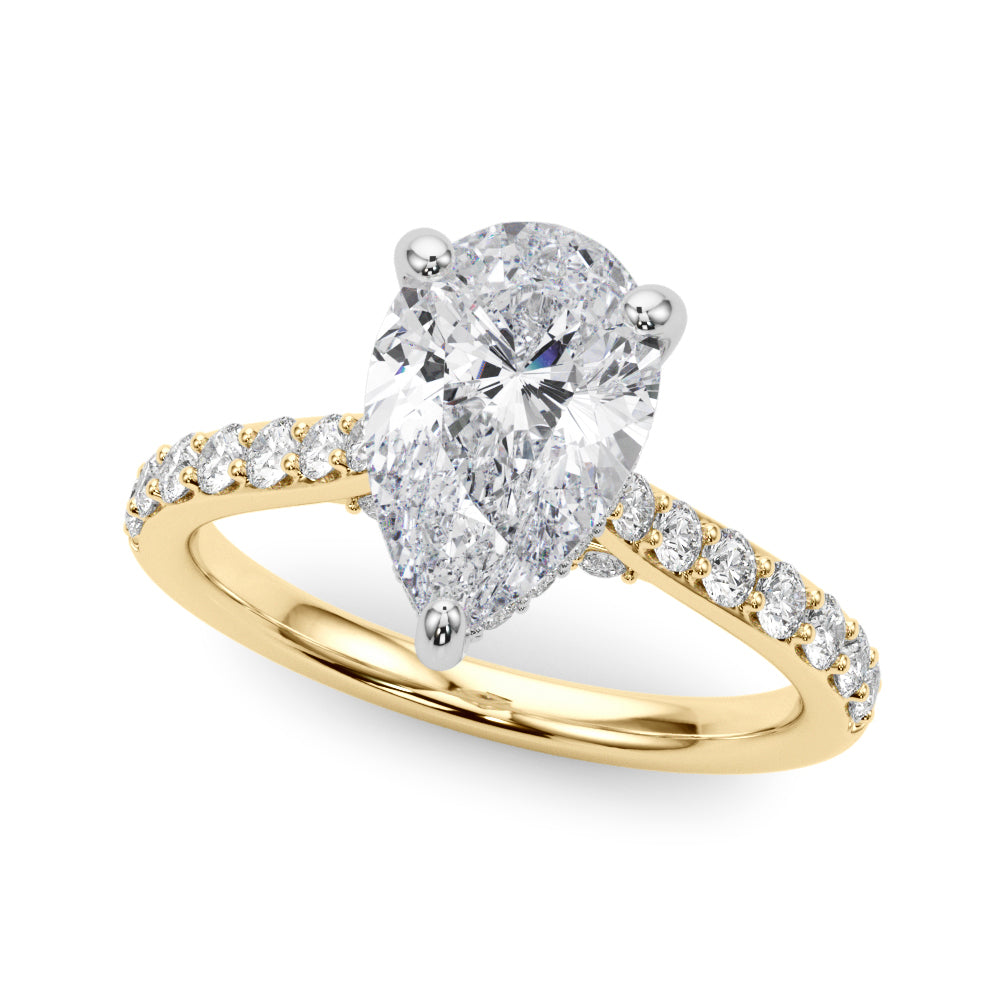 LUMEO Pear Hidden Halo Diamond Engagement Ring Front View in 18k Solid Yellow Gold 