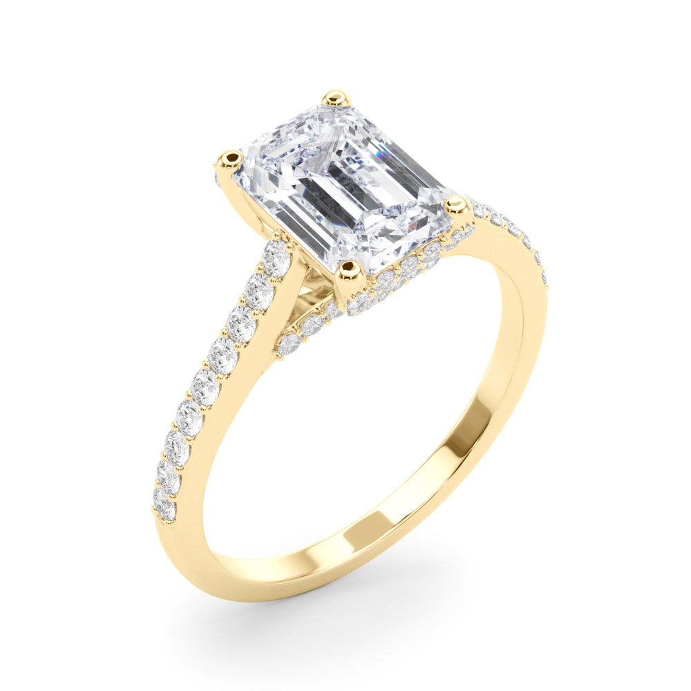 LUMEO Emerald Hidden Halo Diamond Engagement Ring Angle View in 18k Solid Yellow Gold 