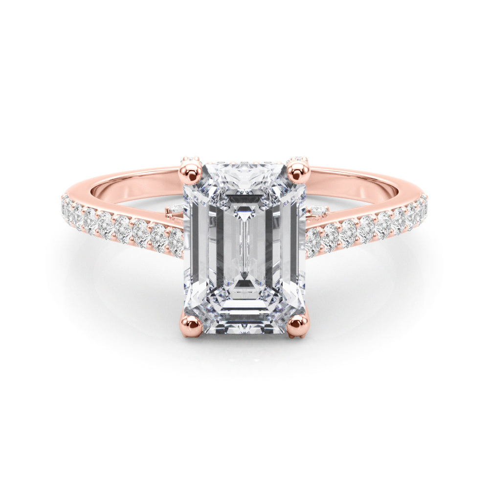 LUMEO Emerald Hidden Halo Diamond Engagement Ring Set in 18k Solid Rose Gold 
