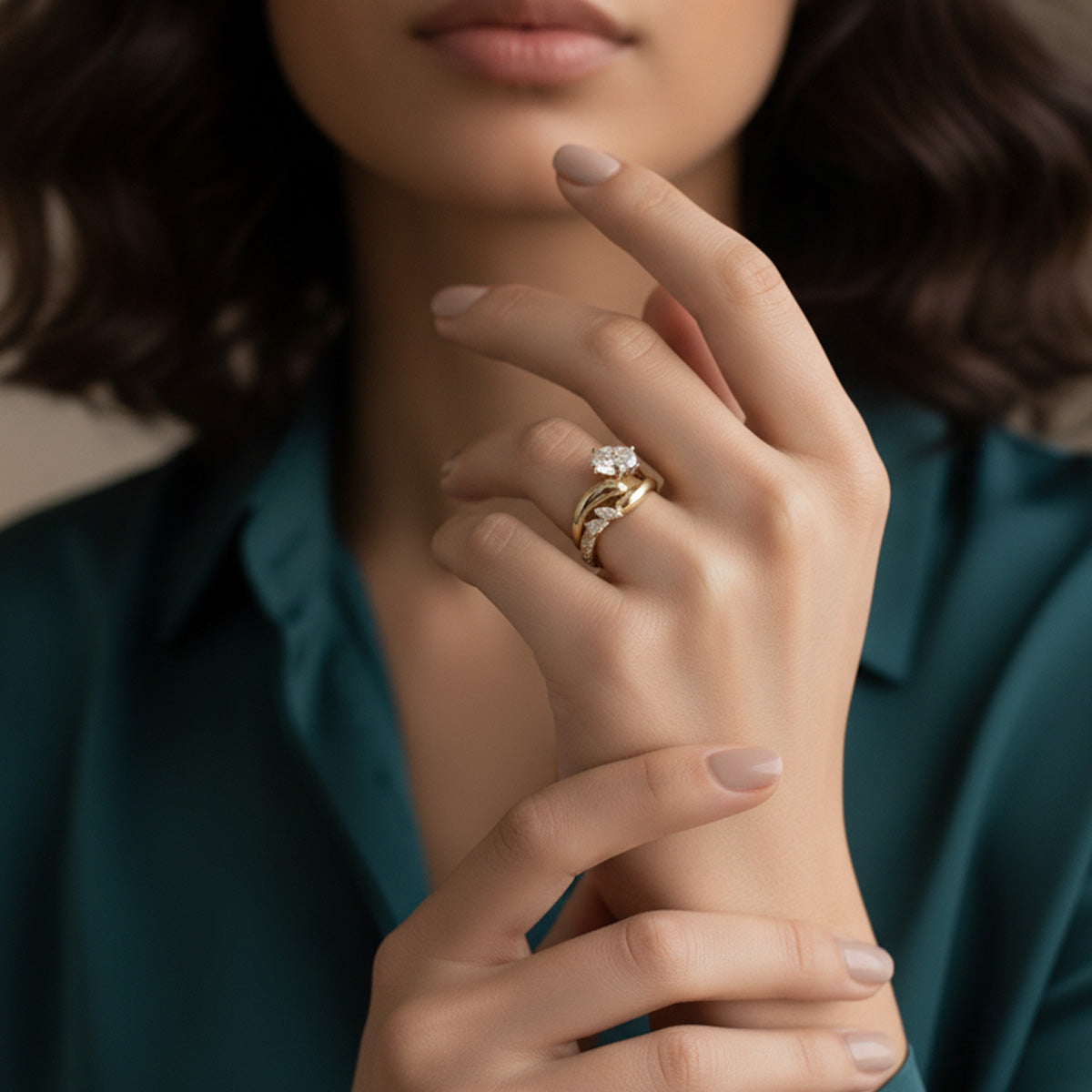 LUMEO Lissa Oval lab diamond ring with wedding band on model in 18k solid yellow gold with wedding band