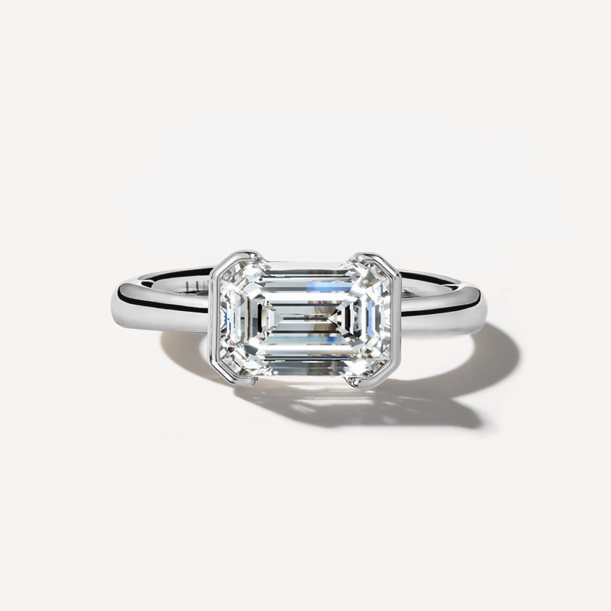 LUMEO The Blair Emerald Bezel Diamond Engagement Ring Front View in Platinum or 18k Solid White Gold 