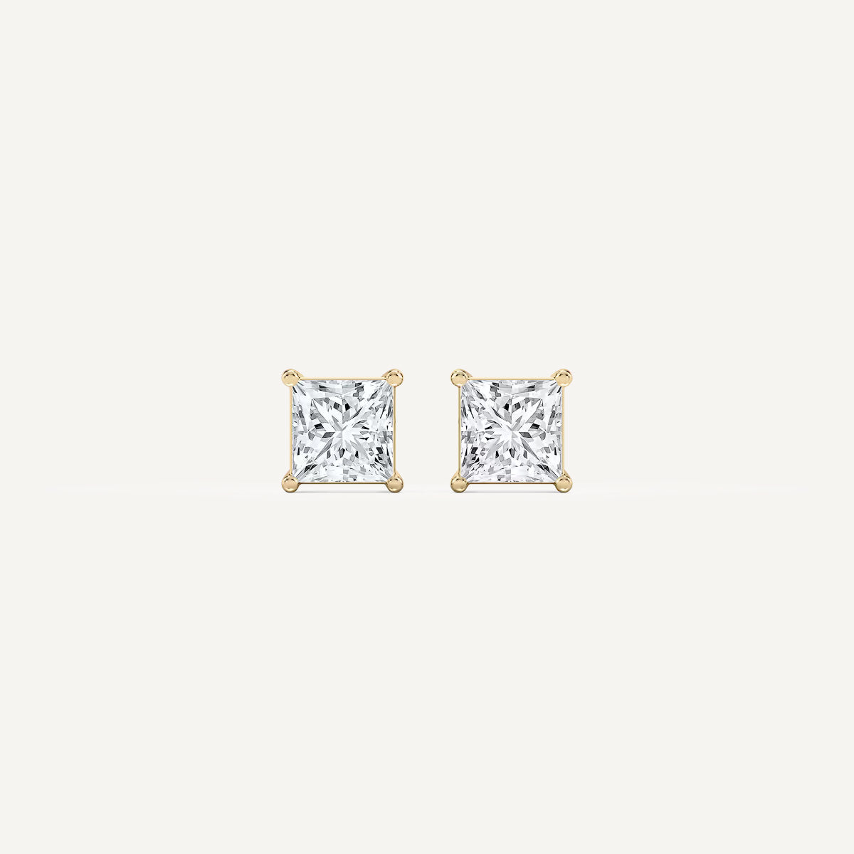 LUMEO Princess Cut Ear Studs Front View in 18k Solid Yellow Gold 
