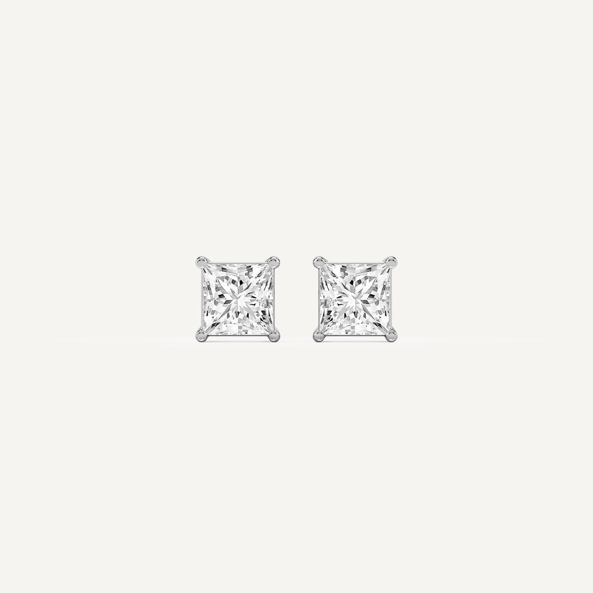 LUMEO Princess Cut Ear Studs Front View in Platinum or 18k Solid White Gold 