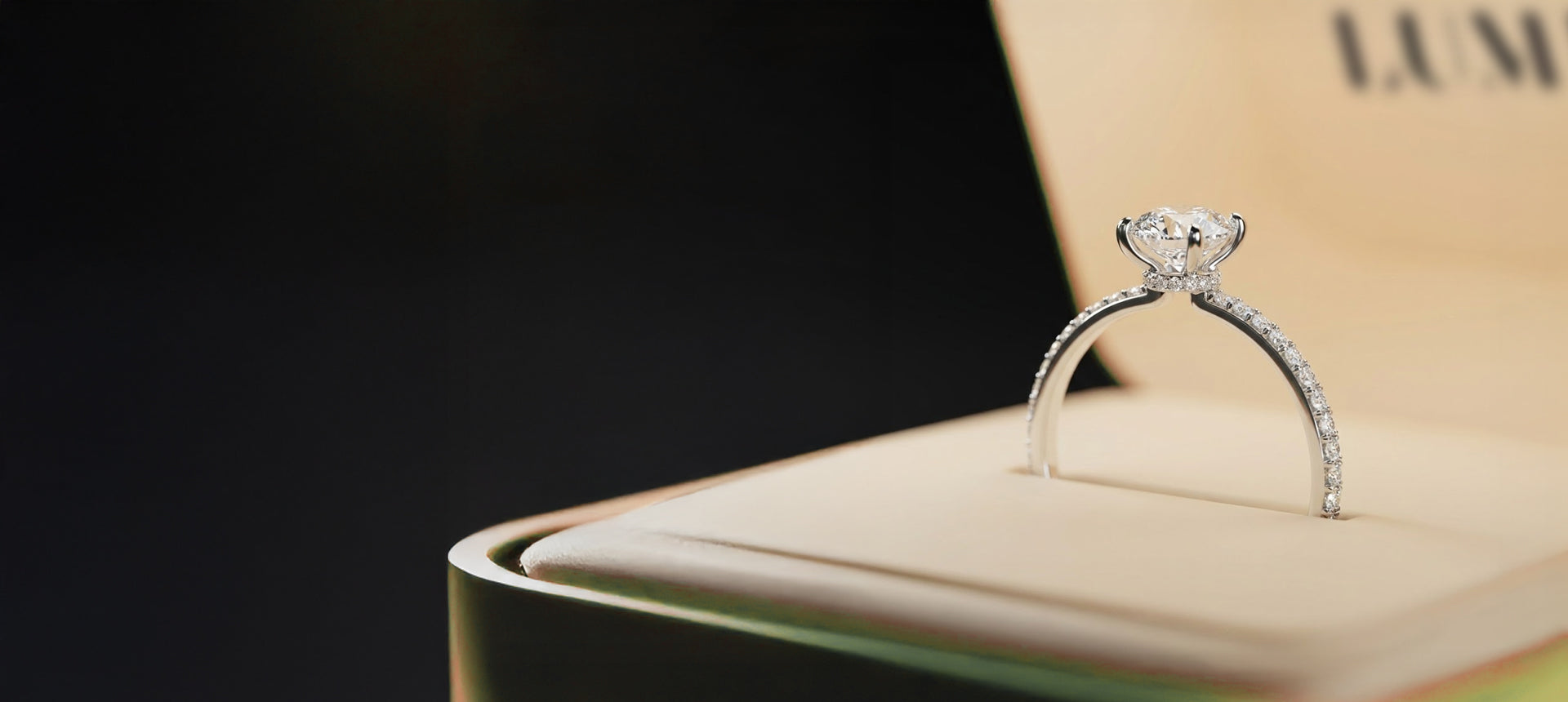 LUMEO Jewelry Diamond ring on a jewelry box with a blurred background