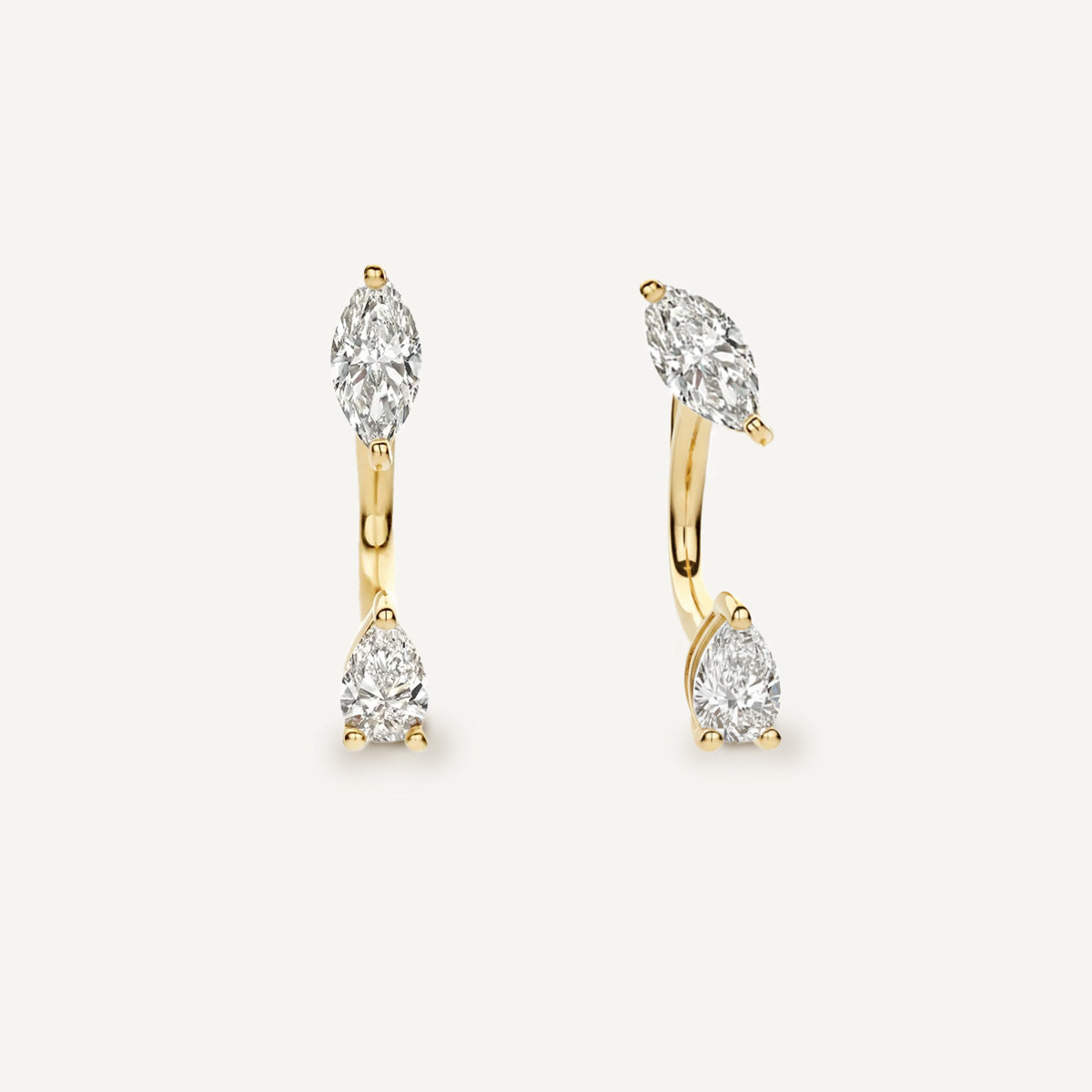 LUMEO Amelia Marquise & Pear Toi et Moi Earrings front view in 18k Solid Yellow Gold #18k-solid-yellow-gold